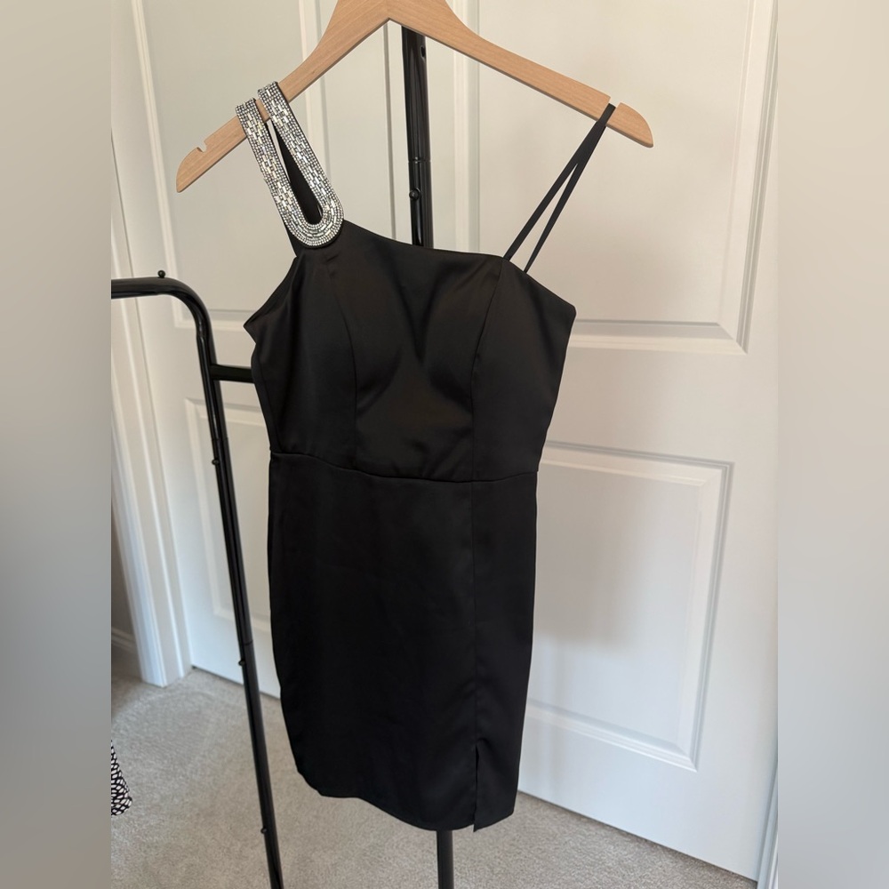 Sequin Hearts Black One-Shoulder Cocktail Dress with Crystal Strap